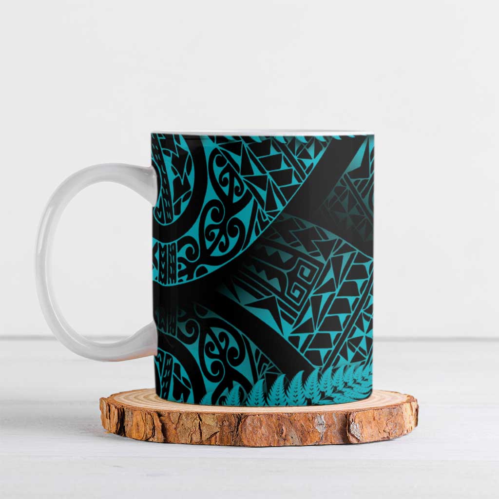New Zealand Rugby Pacific Personalised Ceramic Mug All Turquoise Maori Pasifika Fern Pattern - Aussie Hoodie