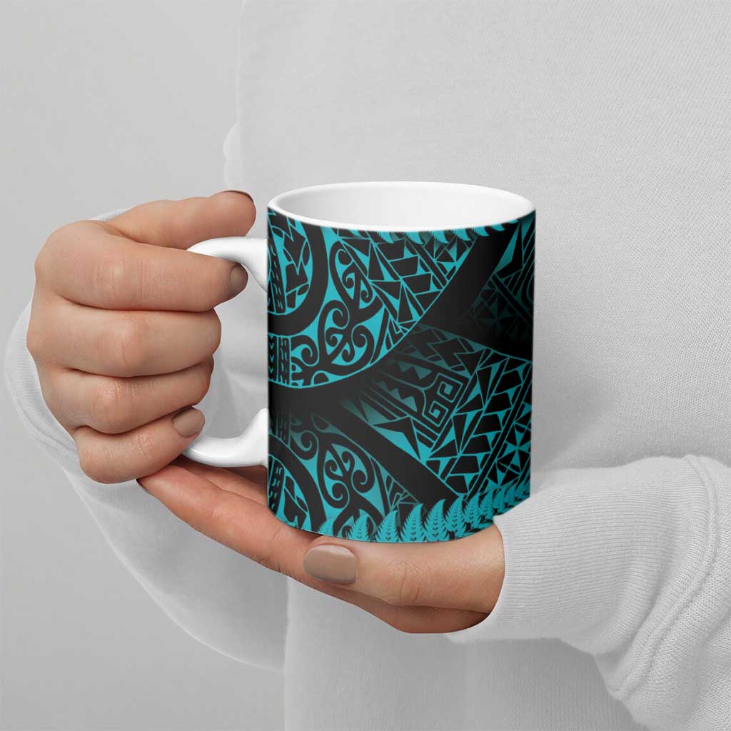 New Zealand Rugby Pacific Personalised Ceramic Mug All Turquoise Maori Pasifika Fern Pattern - Aussie Hoodie