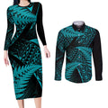 New Zealand Rugby Pacific Personalised Couples Matching Long Sleeve Bodycon Dress and Long Sleeve Button Shirt All Turquoise Maori Pasifika Fern Pattern