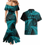 New Zealand Rugby Pacific Personalised Couples Matching Mermaid Dress and Hawaiian Shirt All Turquoise Maori Pasifika Fern Pattern