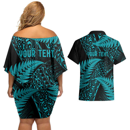 New Zealand Rugby Pacific Personalised Couples Matching Off Shoulder Short Dress and Hawaiian Shirt All Turquoise Maori Pasifika Fern Pattern