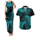 New Zealand Rugby Pacific Personalised Couples Matching Tank Maxi Dress and Hawaiian Shirt All Turquoise Maori Pasifika Fern Pattern