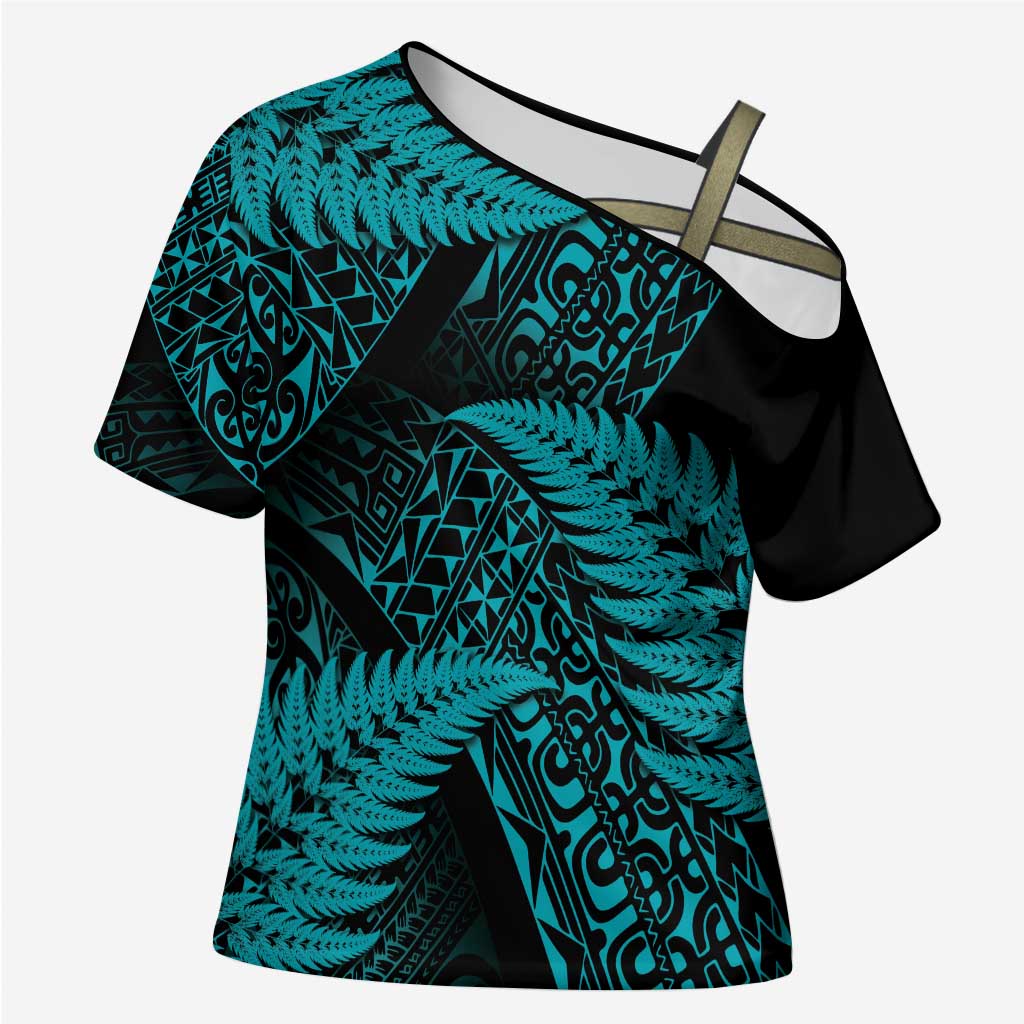 New Zealand Rugby Pacific Personalised Cross Shoulder Shirt All Turquoise Maori Pasifika Fern Pattern - Aussie Hoodie