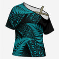 New Zealand Rugby Pacific Personalised Cross Shoulder Shirt All Turquoise Maori Pasifika Fern Pattern - Aussie Hoodie