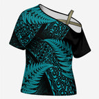 New Zealand Rugby Pacific Personalised Cross Shoulder Shirt All Turquoise Maori Pasifika Fern Pattern - Aussie Hoodie