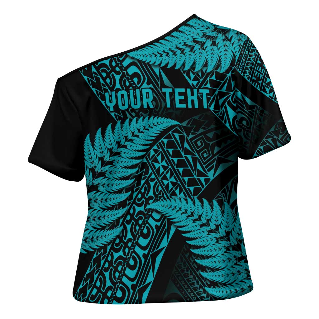 New Zealand Rugby Pacific Personalised Cross Shoulder Shirt All Turquoise Maori Pasifika Fern Pattern - Aussie Hoodie