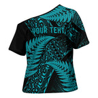 New Zealand Rugby Pacific Personalised Cross Shoulder Shirt All Turquoise Maori Pasifika Fern Pattern - Aussie Hoodie