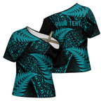 New Zealand Rugby Pacific Personalised Cross Shoulder Shirt All Turquoise Maori Pasifika Fern Pattern - Aussie Hoodie