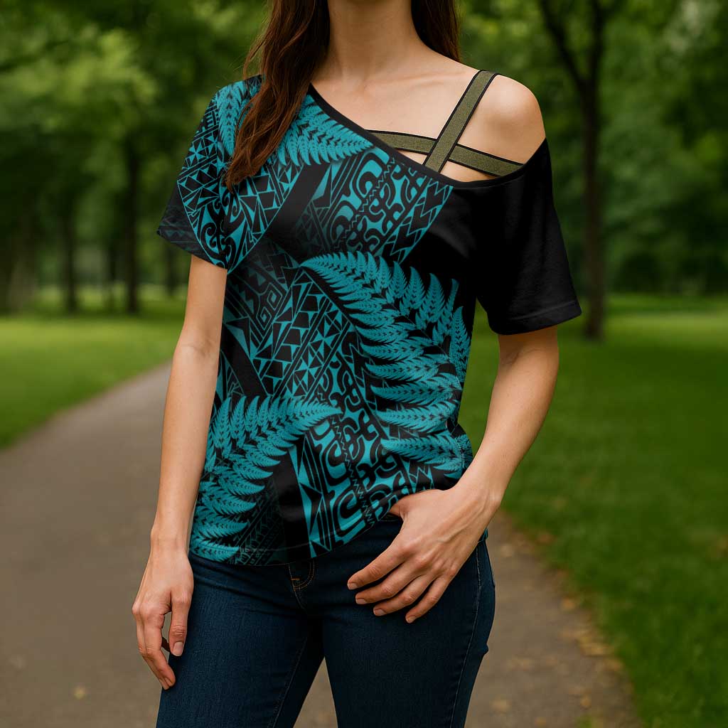 New Zealand Rugby Pacific Personalised Cross Shoulder Shirt All Turquoise Maori Pasifika Fern Pattern - Aussie Hoodie