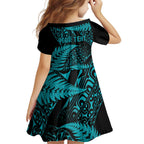 New Zealand Rugby Pacific Personalised Family Matching Off Shoulder Maxi Dress and Hawaiian Shirt All Turquoise Maori Pasifika Fern Pattern