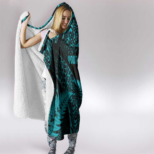 New Zealand Rugby Pacific Personalised Hooded Blanket All Turquoise Maori Pasifika Fern Pattern