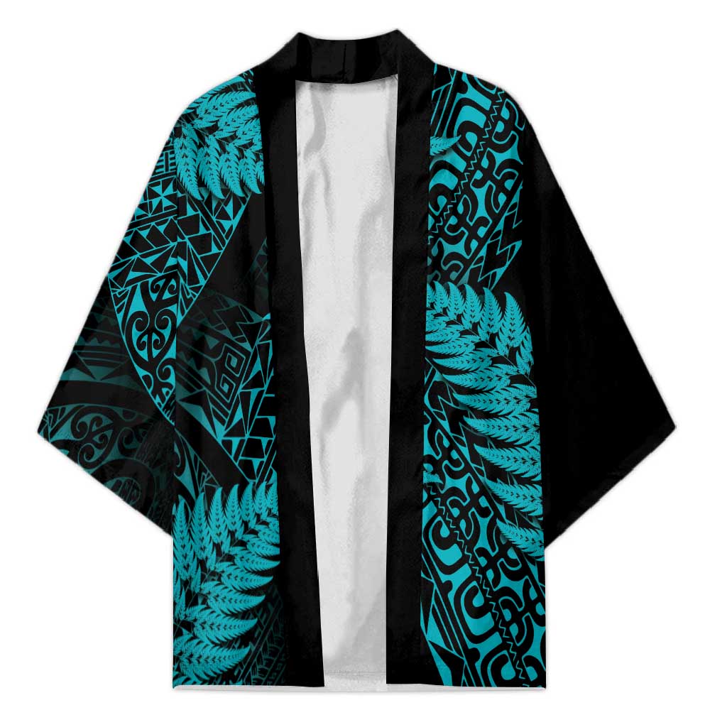 New Zealand Rugby Pacific Personalised Kimono All Turquoise Maori Pasifika Fern Pattern - Aussie Hoodie