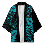 New Zealand Rugby Pacific Personalised Kimono All Turquoise Maori Pasifika Fern Pattern - Aussie Hoodie