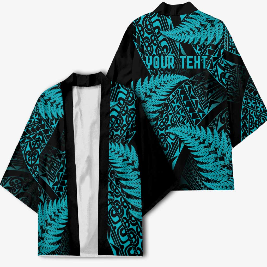 New Zealand Rugby Pacific Personalised Kimono All Turquoise Maori Pasifika Fern Pattern - Aussie Hoodie