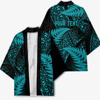 New Zealand Rugby Pacific Personalised Kimono All Turquoise Maori Pasifika Fern Pattern - Aussie Hoodie