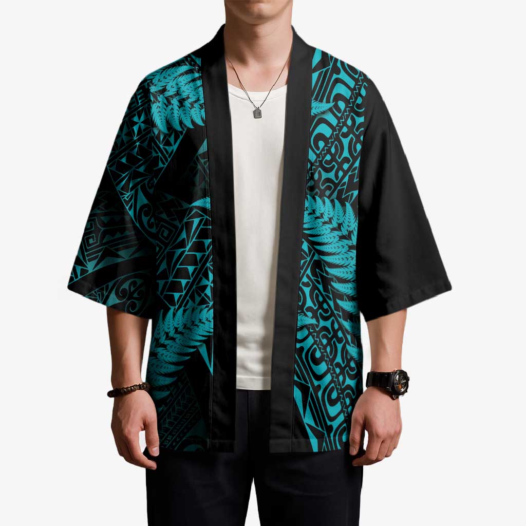 New Zealand Rugby Pacific Personalised Kimono All Turquoise Maori Pasifika Fern Pattern - Aussie Hoodie