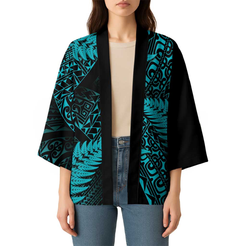 New Zealand Rugby Pacific Personalised Kimono All Turquoise Maori Pasifika Fern Pattern - Aussie Hoodie