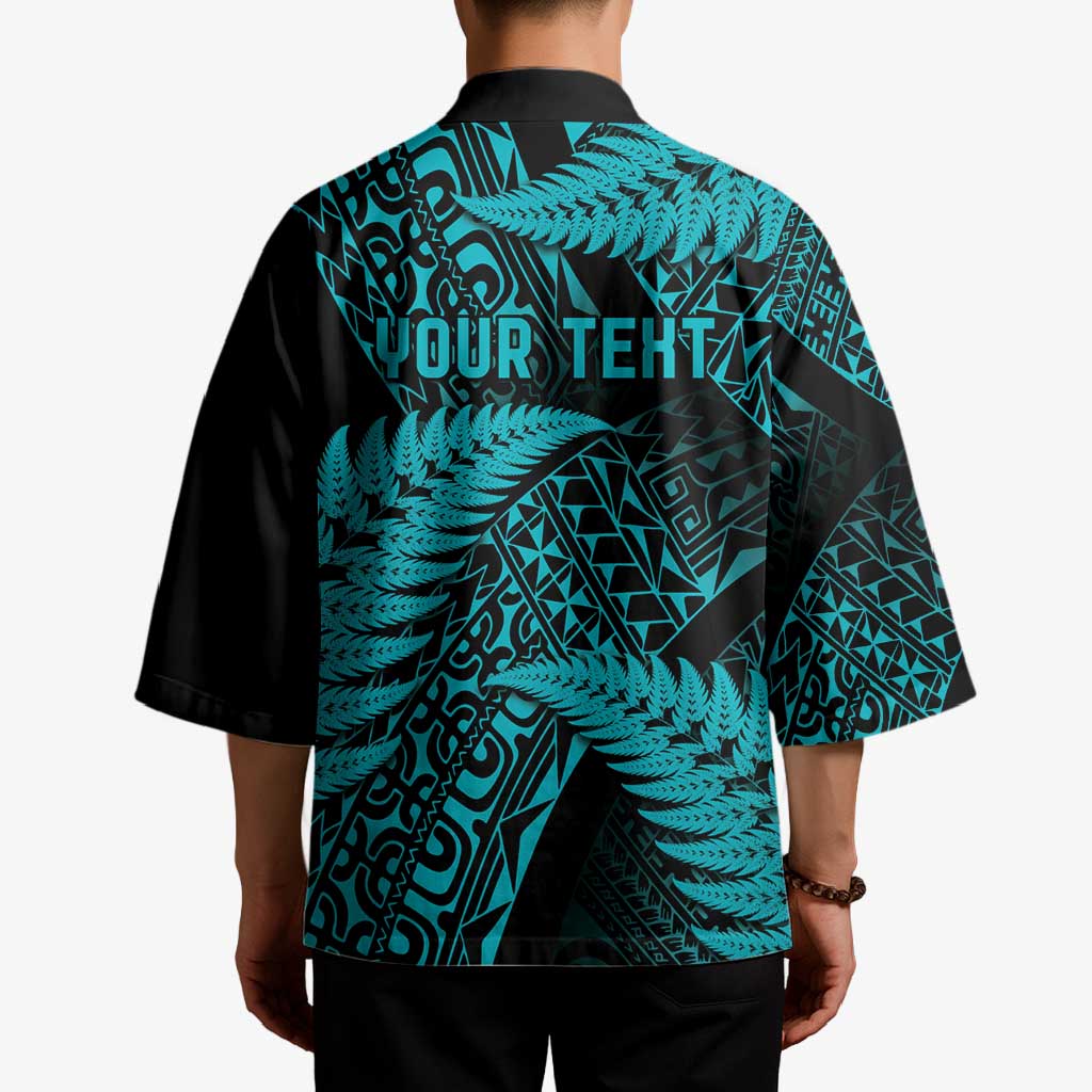 New Zealand Rugby Pacific Personalised Kimono All Turquoise Maori Pasifika Fern Pattern - Aussie Hoodie
