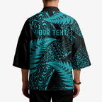 New Zealand Rugby Pacific Personalised Kimono All Turquoise Maori Pasifika Fern Pattern - Aussie Hoodie