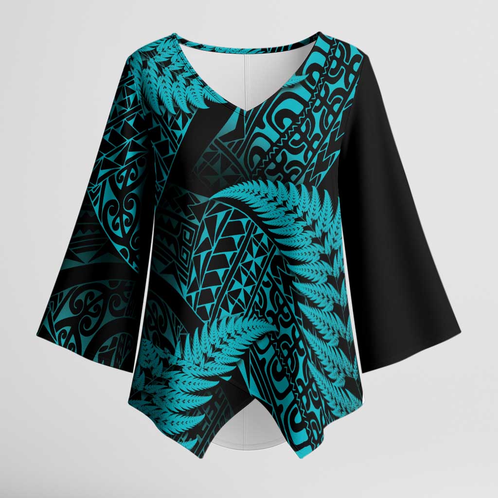 New Zealand Rugby Pacific Personalised Kimono Sleeve Blouse All Turquoise Maori Pasifika Fern Pattern - Aussie Hoodie