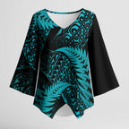 New Zealand Rugby Pacific Personalised Kimono Sleeve Blouse All Turquoise Maori Pasifika Fern Pattern - Aussie Hoodie