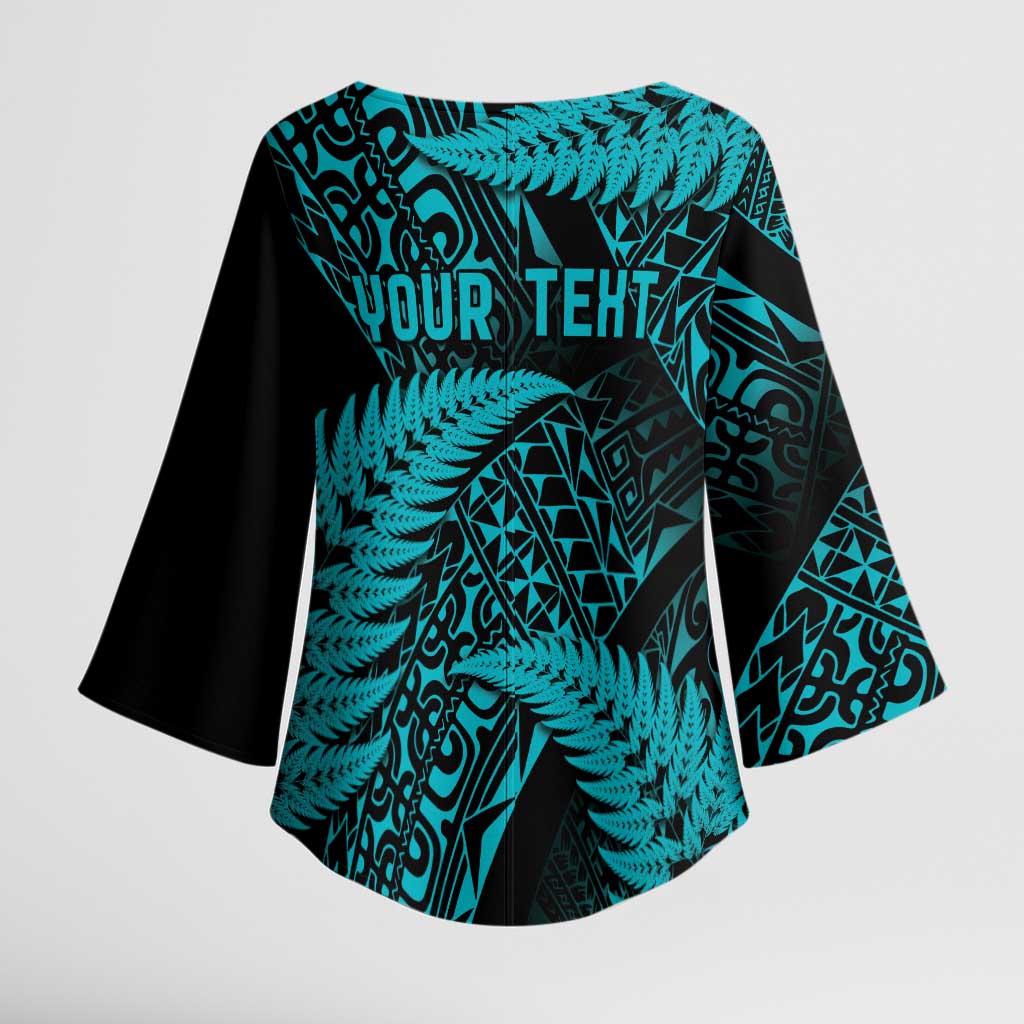 New Zealand Rugby Pacific Personalised Kimono Sleeve Blouse All Turquoise Maori Pasifika Fern Pattern - Aussie Hoodie