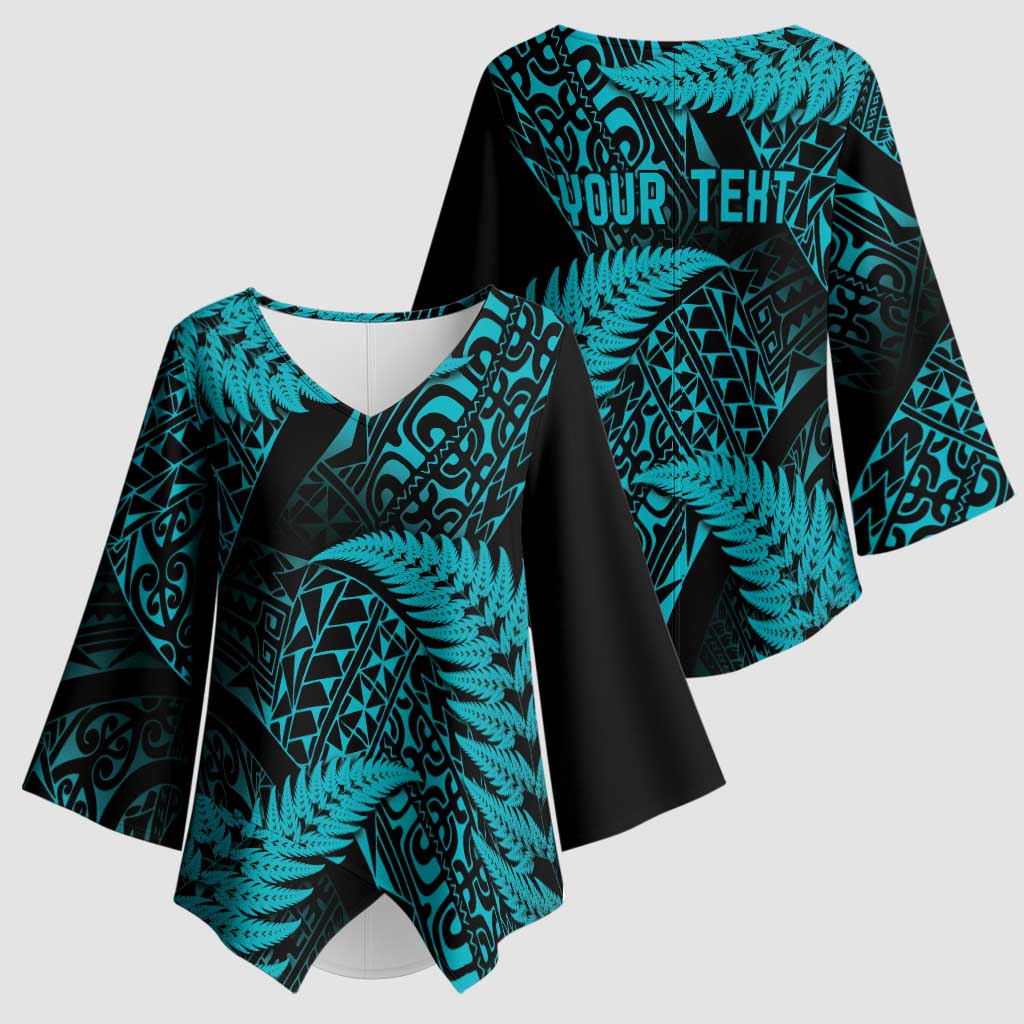 New Zealand Rugby Pacific Personalised Kimono Sleeve Blouse All Turquoise Maori Pasifika Fern Pattern - Aussie Hoodie