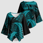 New Zealand Rugby Pacific Personalised Kimono Sleeve Blouse All Turquoise Maori Pasifika Fern Pattern - Aussie Hoodie