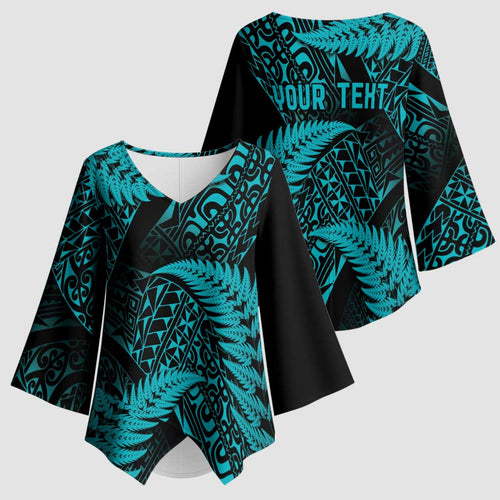 New Zealand Rugby Pacific Personalised Kimono Sleeve Blouse All Turquoise Maori Pasifika Fern Pattern - Aussie Hoodie