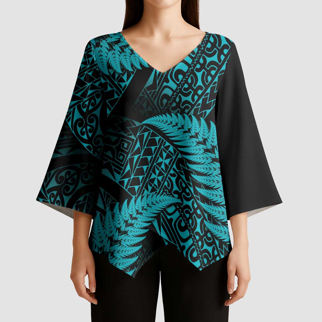 New Zealand Rugby Pacific Personalised Kimono Sleeve Blouse All Turquoise Maori Pasifika Fern Pattern - Aussie Hoodie