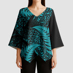 New Zealand Rugby Pacific Personalised Kimono Sleeve Blouse All Turquoise Maori Pasifika Fern Pattern - Aussie Hoodie