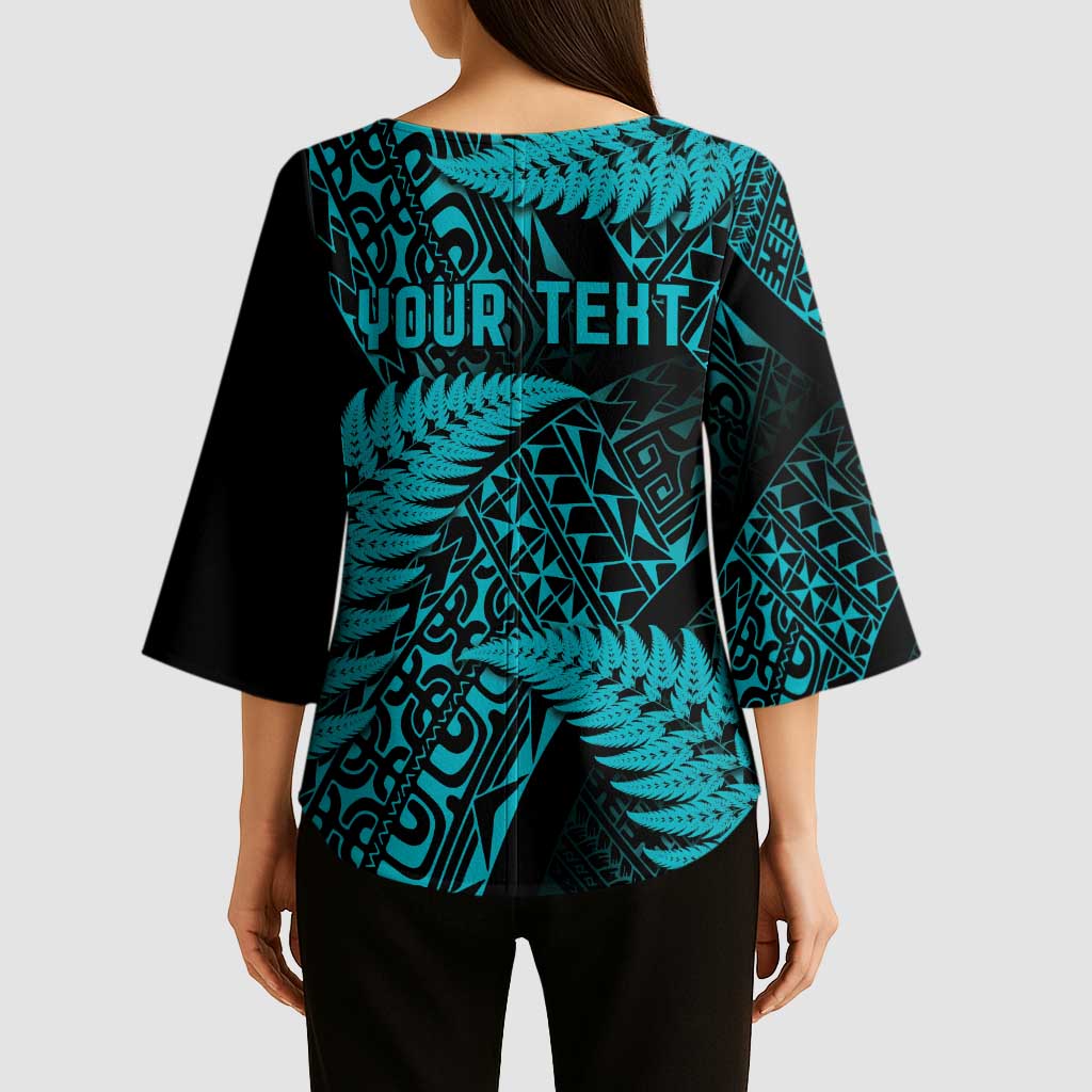 New Zealand Rugby Pacific Personalised Kimono Sleeve Blouse All Turquoise Maori Pasifika Fern Pattern - Aussie Hoodie