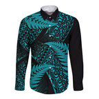 New Zealand Rugby Pacific Personalised Long Sleeve Button Shirt All Turquoise Maori Pasifika Fern Pattern