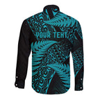 New Zealand Rugby Pacific Personalised Long Sleeve Button Shirt All Turquoise Maori Pasifika Fern Pattern
