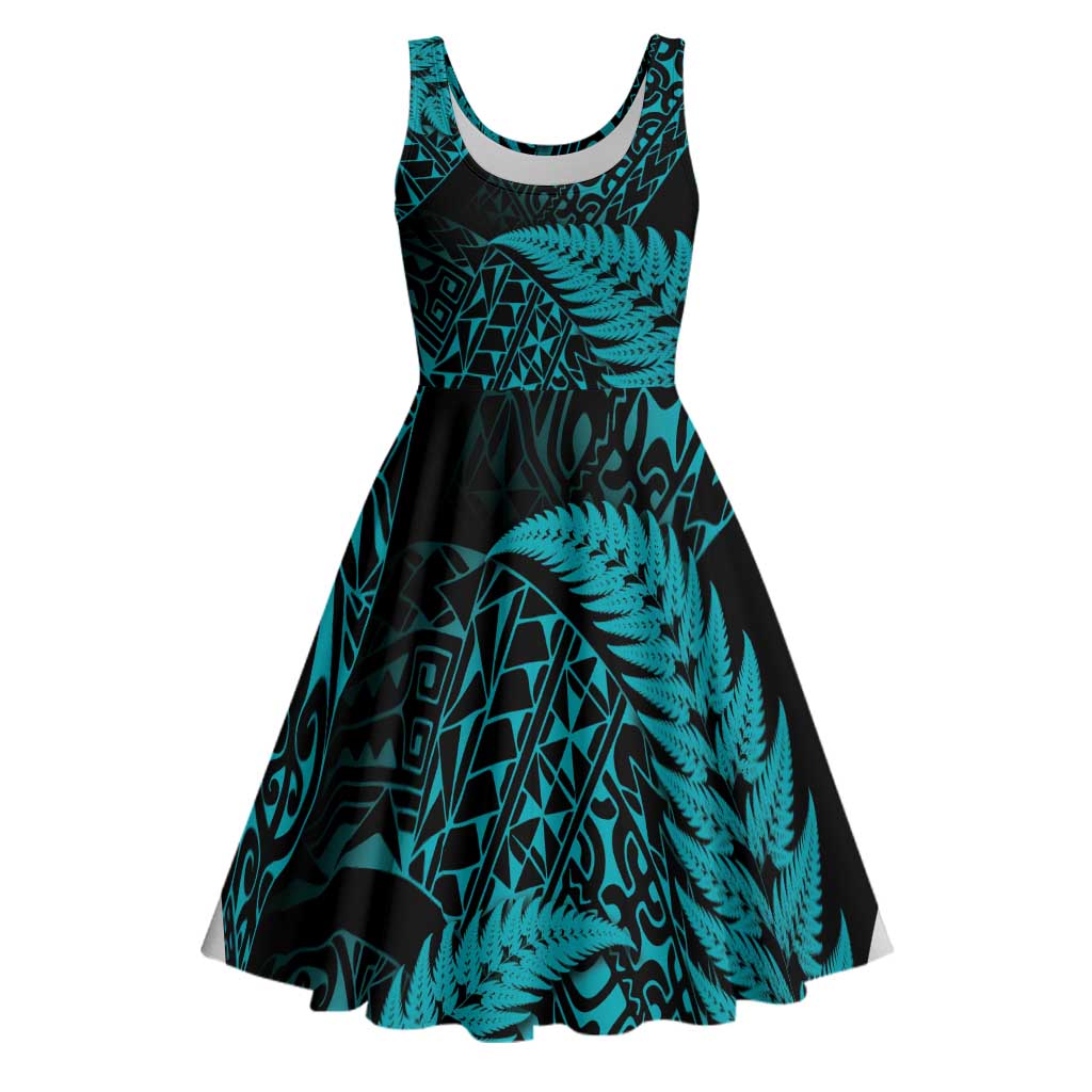 New Zealand Rugby Pacific Personalised Midi Dress All Turquoise Maori Pasifika Fern Pattern - Aussie Hoodie