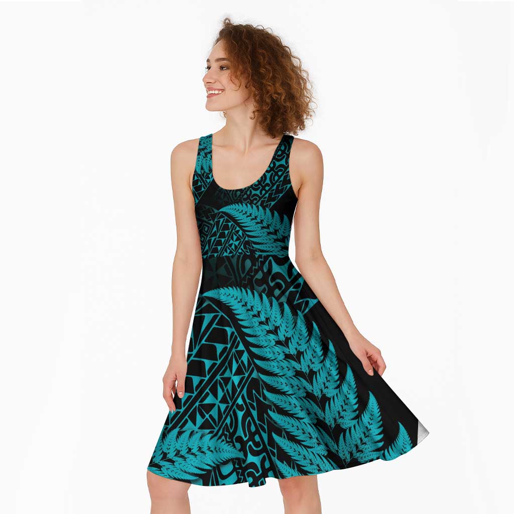 New Zealand Rugby Pacific Personalised Midi Dress All Turquoise Maori Pasifika Fern Pattern - Aussie Hoodie