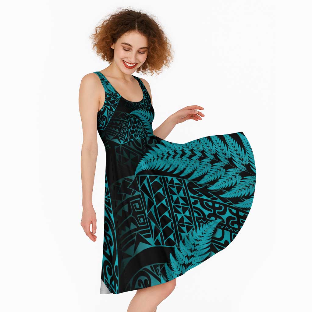 New Zealand Rugby Pacific Personalised Midi Dress All Turquoise Maori Pasifika Fern Pattern - Aussie Hoodie