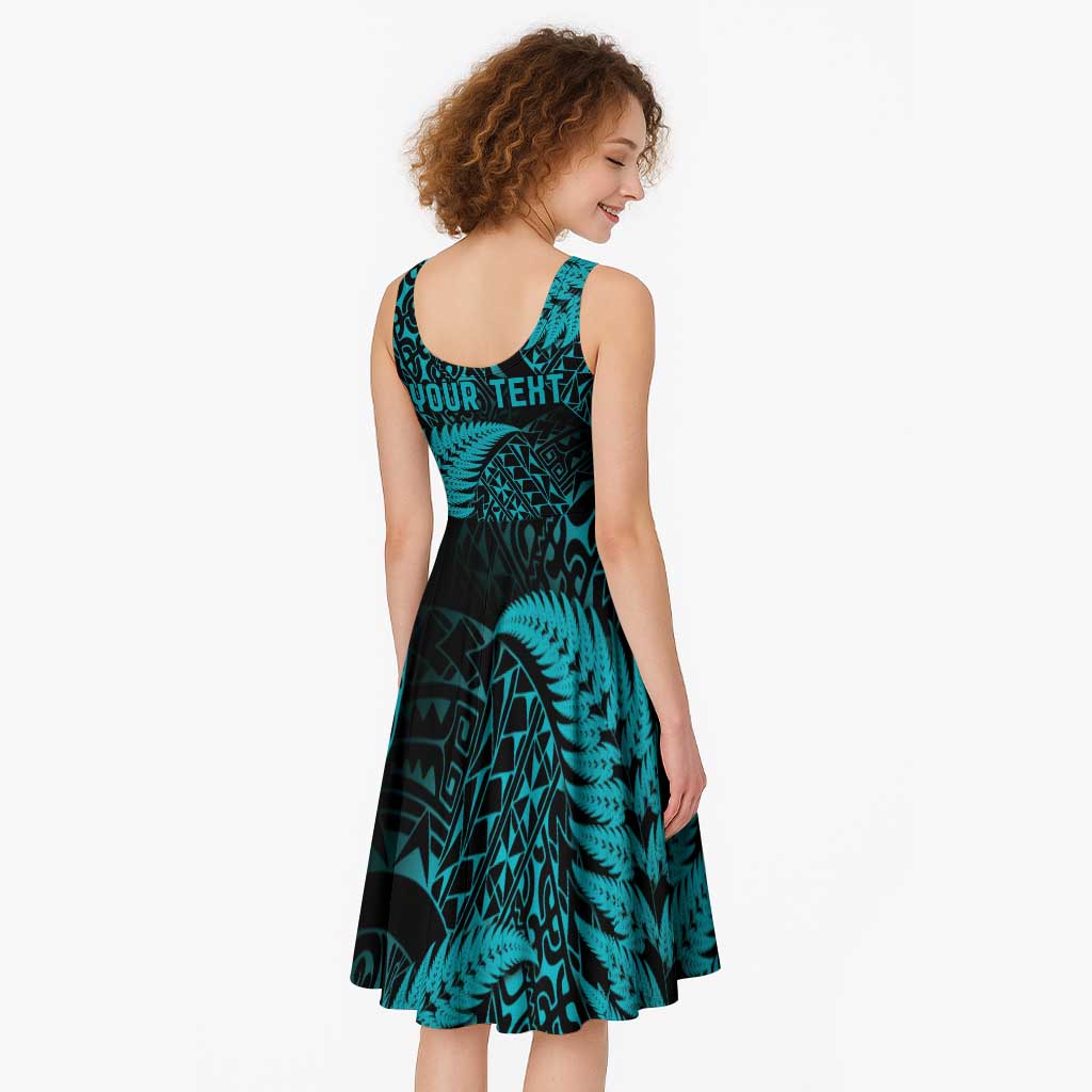 New Zealand Rugby Pacific Personalised Midi Dress All Turquoise Maori Pasifika Fern Pattern - Aussie Hoodie
