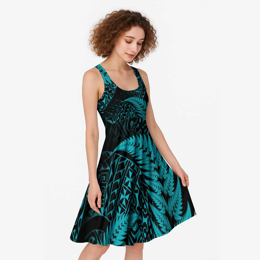 New Zealand Rugby Pacific Personalised Midi Dress All Turquoise Maori Pasifika Fern Pattern - Aussie Hoodie