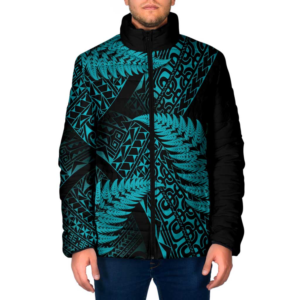 New Zealand Rugby Pacific Personalised Padded Jacket All Turquoise Maori Pasifika Fern Pattern - Aussie Hoodie