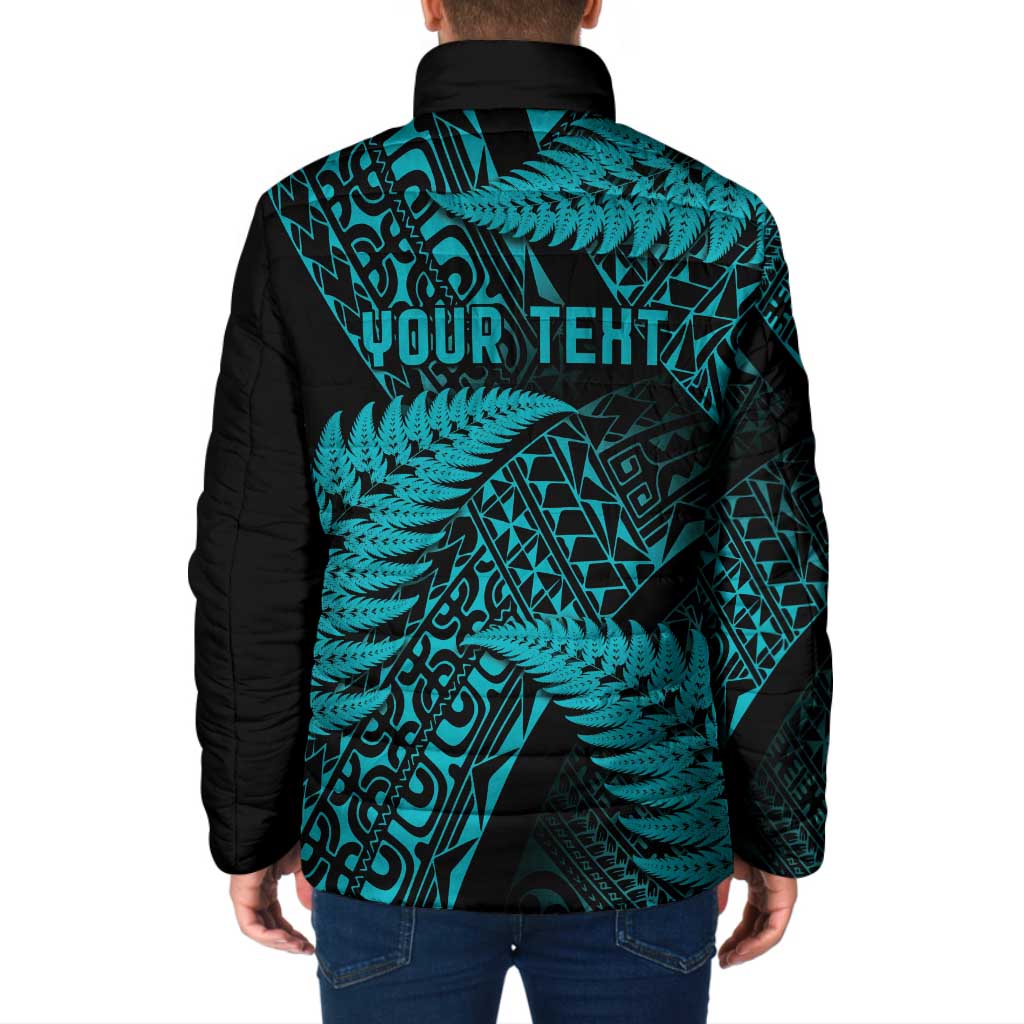 New Zealand Rugby Pacific Personalised Padded Jacket All Turquoise Maori Pasifika Fern Pattern - Aussie Hoodie