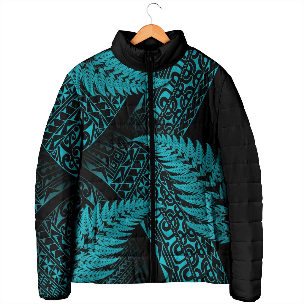 New Zealand Rugby Pacific Personalised Padded Jacket All Turquoise Maori Pasifika Fern Pattern - Aussie Hoodie