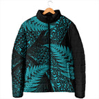 New Zealand Rugby Pacific Personalised Padded Jacket All Turquoise Maori Pasifika Fern Pattern - Aussie Hoodie