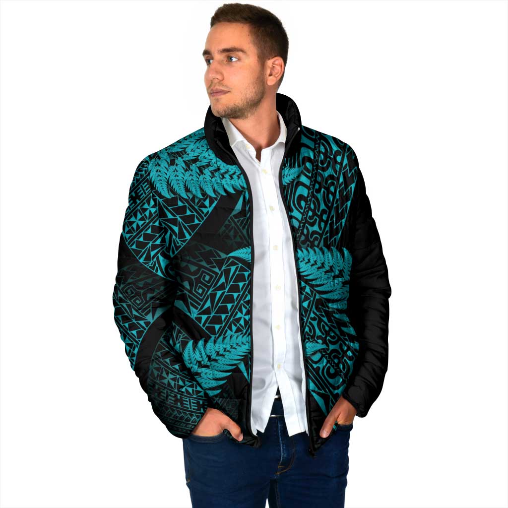 New Zealand Rugby Pacific Personalised Padded Jacket All Turquoise Maori Pasifika Fern Pattern - Aussie Hoodie