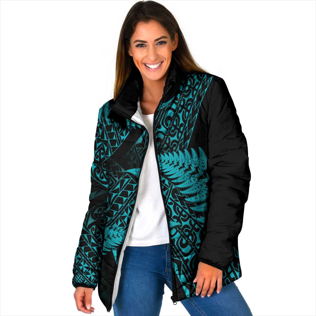New Zealand Rugby Pacific Personalised Padded Jacket All Turquoise Maori Pasifika Fern Pattern - Aussie Hoodie