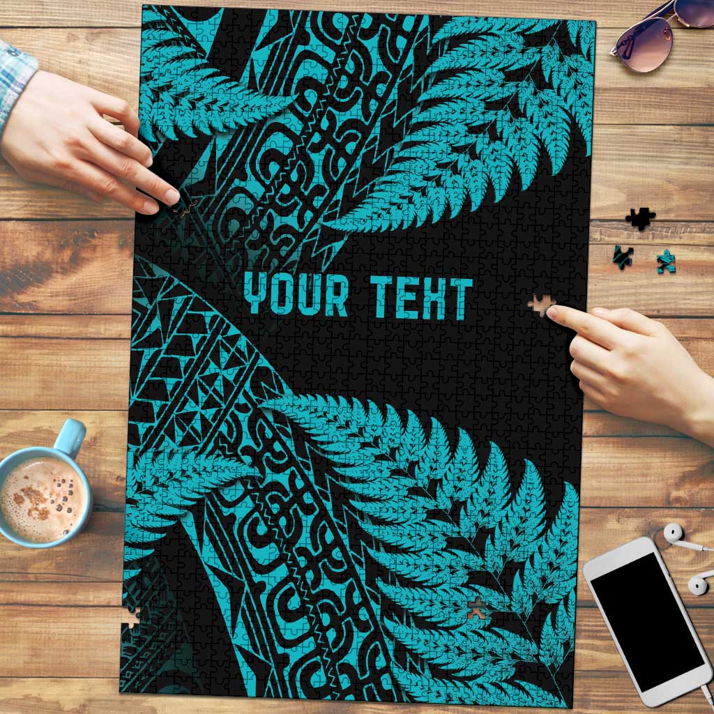 New Zealand Rugby Pacific Personalised Puzzle All Turquoise Maori Pasifika Fern Pattern - Aussie Hoodie