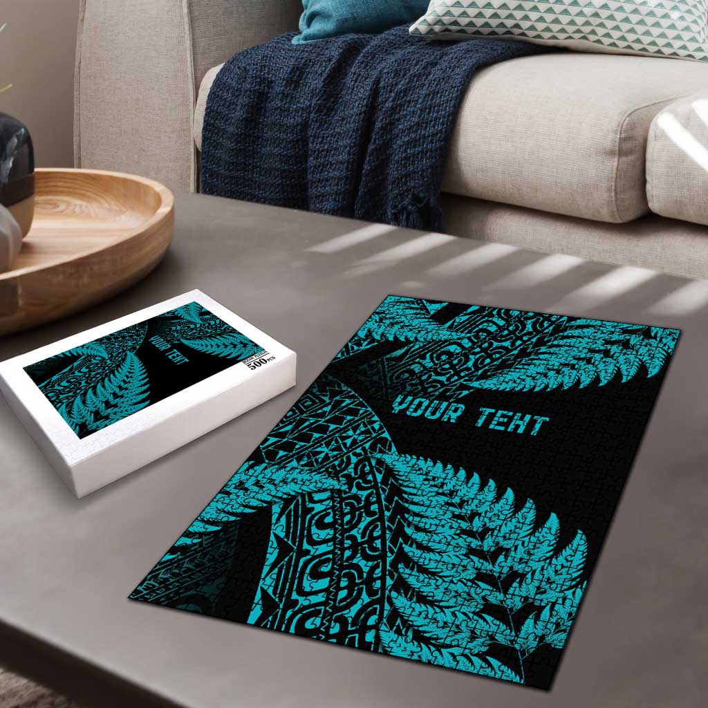 New Zealand Rugby Pacific Personalised Puzzle All Turquoise Maori Pasifika Fern Pattern - Aussie Hoodie