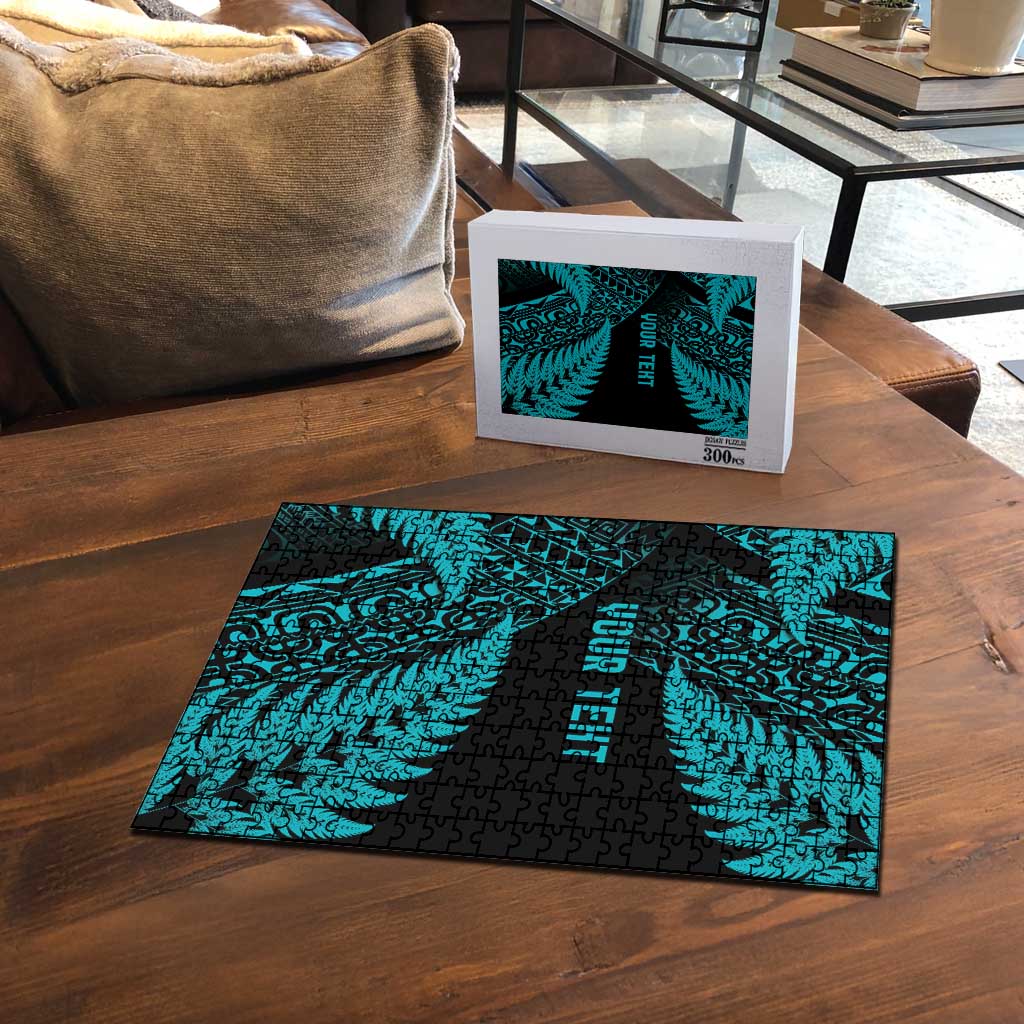 New Zealand Rugby Pacific Personalised Puzzle All Turquoise Maori Pasifika Fern Pattern - Aussie Hoodie