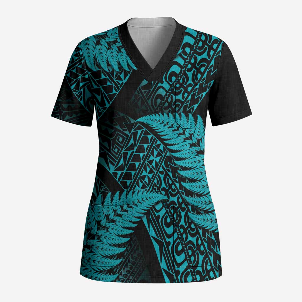 New Zealand Rugby Pacific Personalised Scrub Top All Turquoise Maori Pasifika Fern Pattern - Aussie Hoodie
