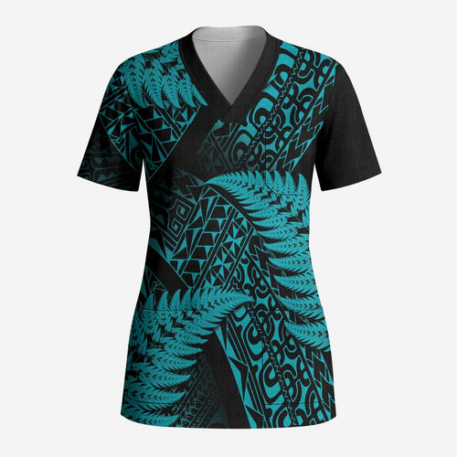 New Zealand Rugby Pacific Personalised Scrub Top All Turquoise Maori Pasifika Fern Pattern - Aussie Hoodie